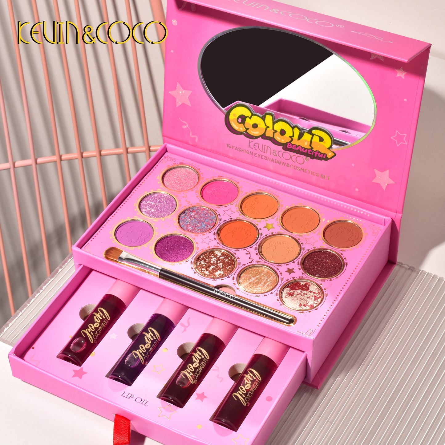 KEVIN & COCO - 15 Colors Pink Double Drawer Style Eyeshadow Palette Set
