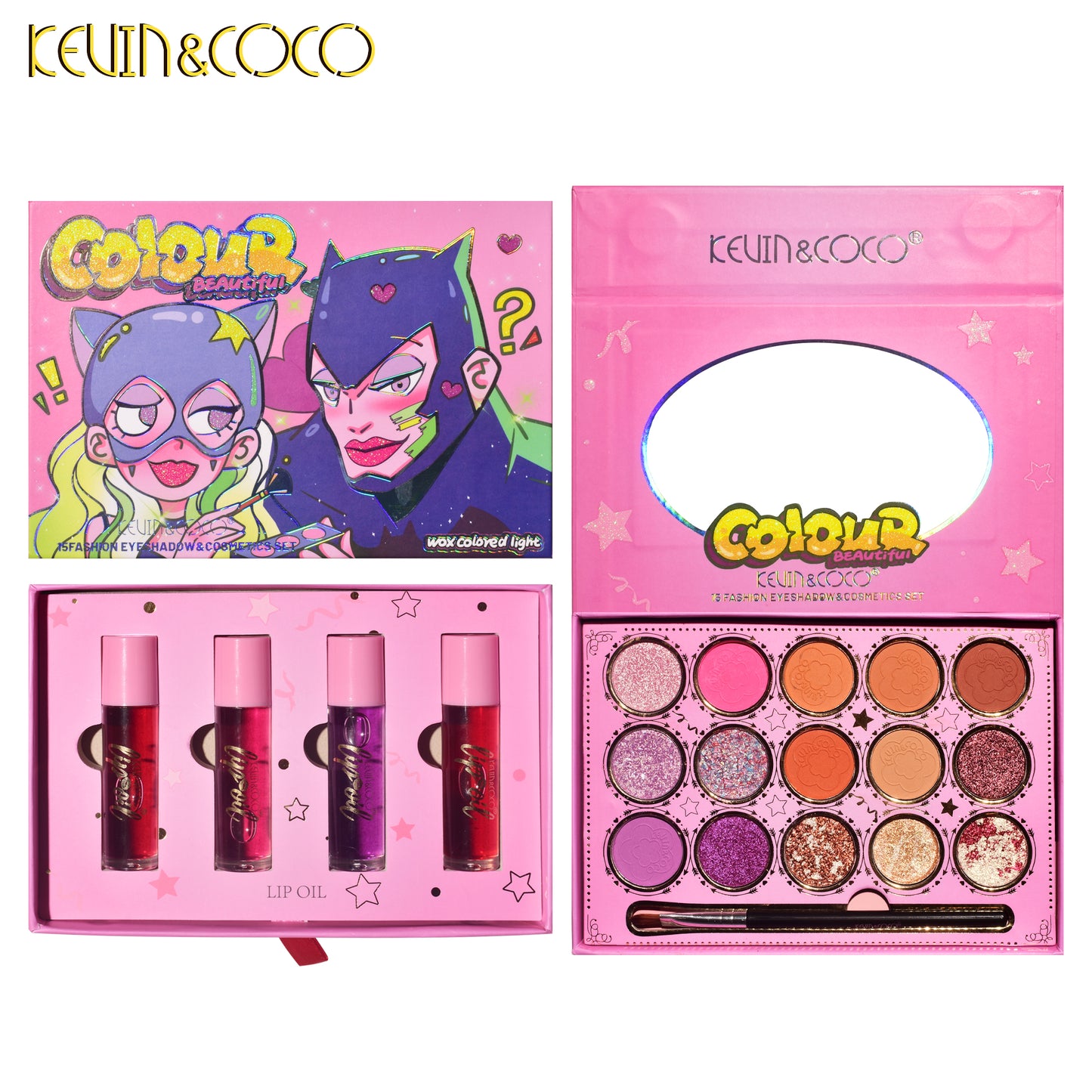 KEVIN & COCO - 15 Colors Pink Double Drawer Style Eyeshadow Palette Set