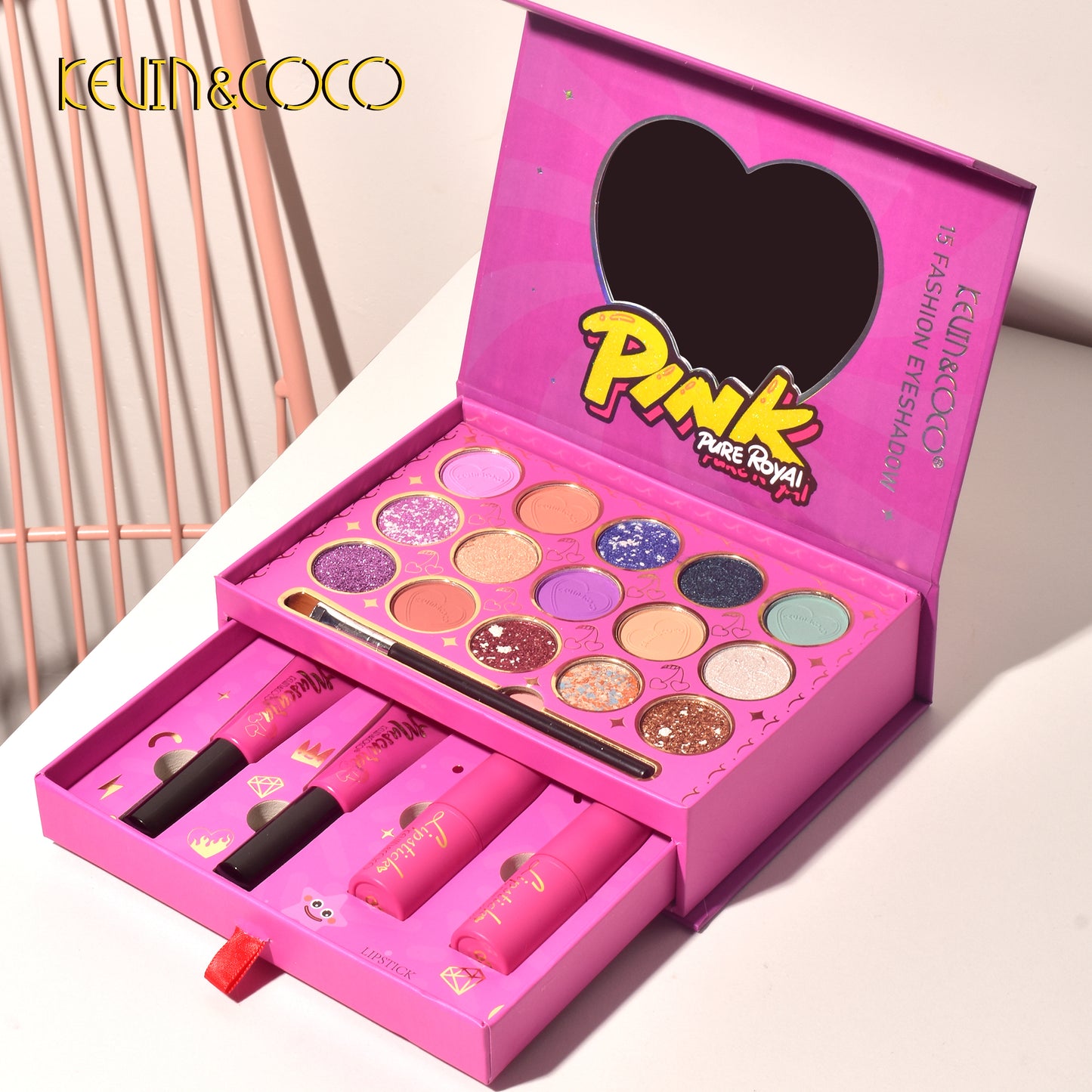 KEVIN & COCO - 15 Colors Rose Red Double Drawer Style Eyeshadow Palette Set